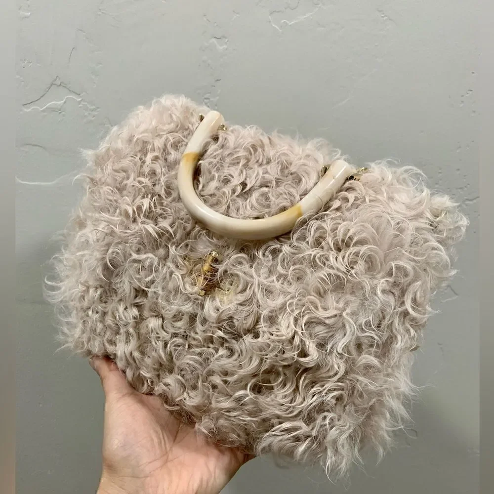 Beige Genuine Curly Shearling Top Handle & Fold Over Flap Purse, Crossbody
